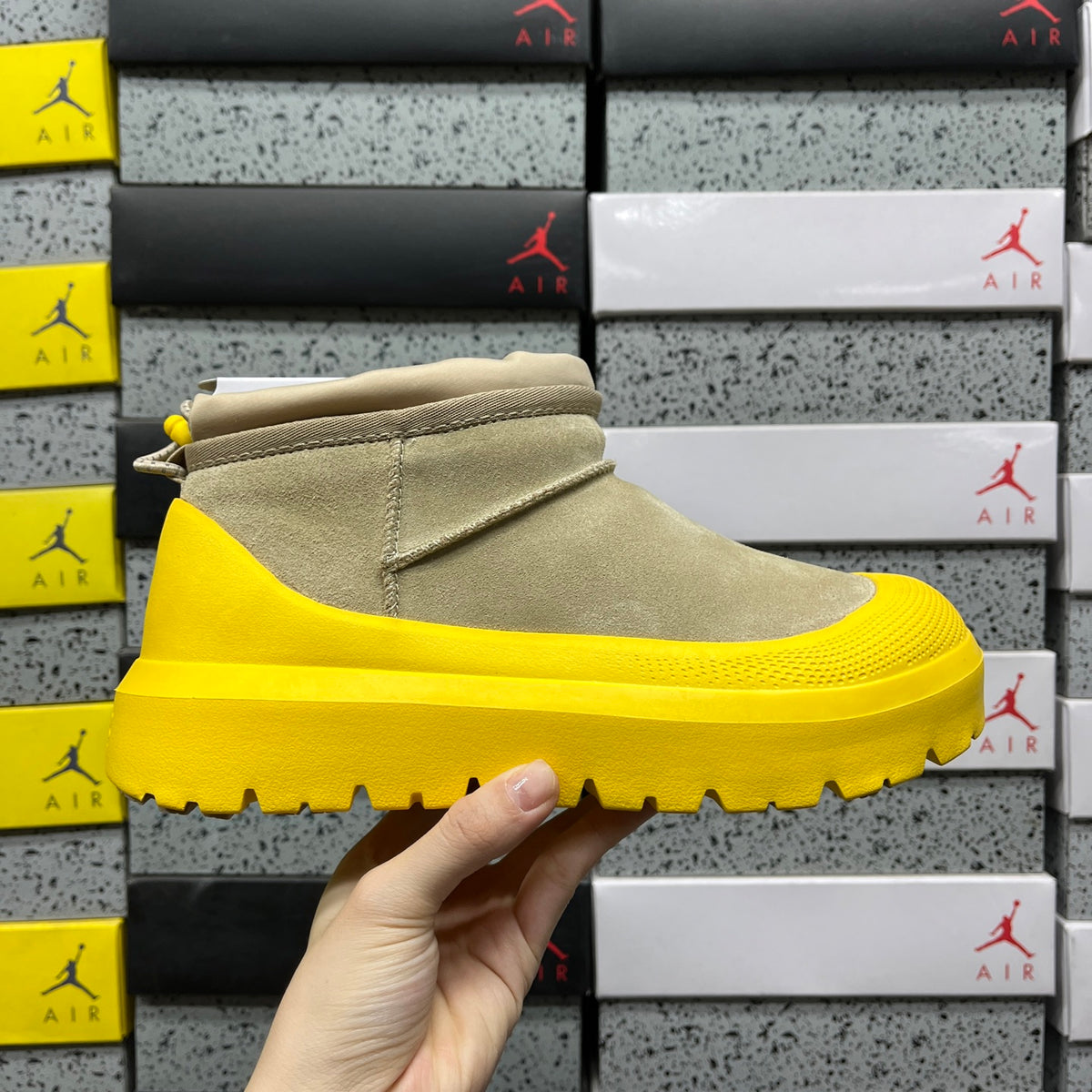 UGG Beige Drawstring Ankle Boots with Yellow Lug Sole