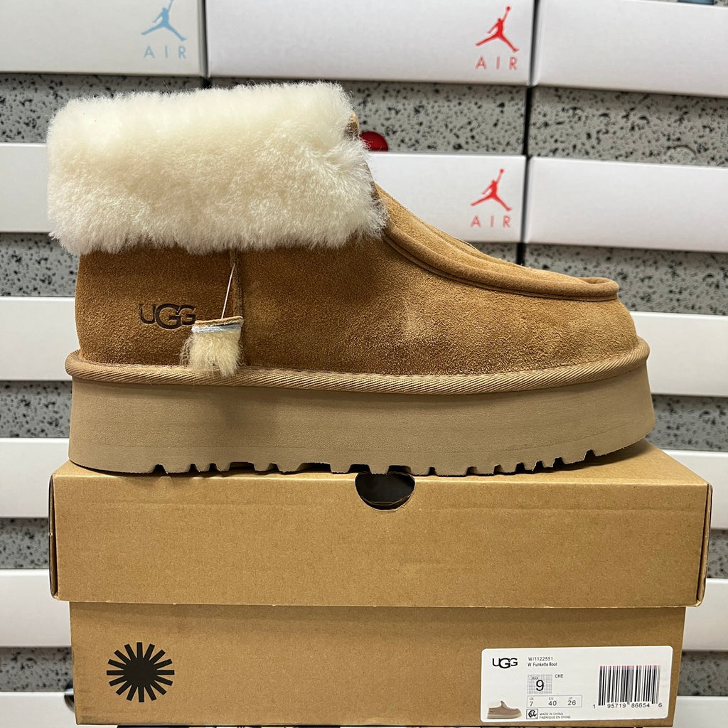 UGG Chestnut Platform Ankle Boots with Cream Plush Collar