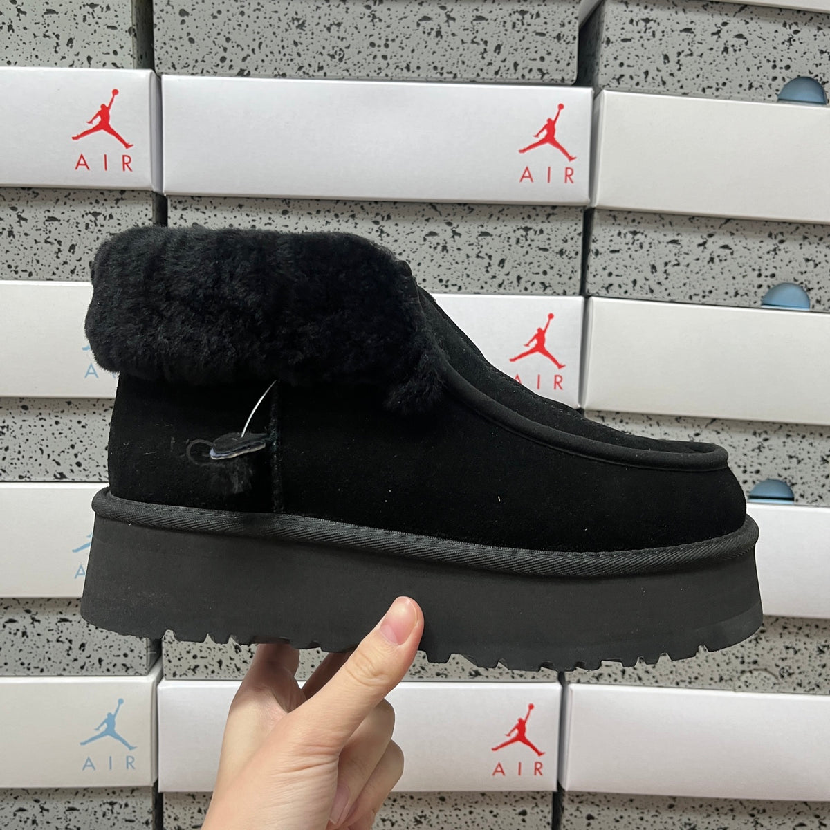 UGG Black Platform Ankle Boots with Plush Collar