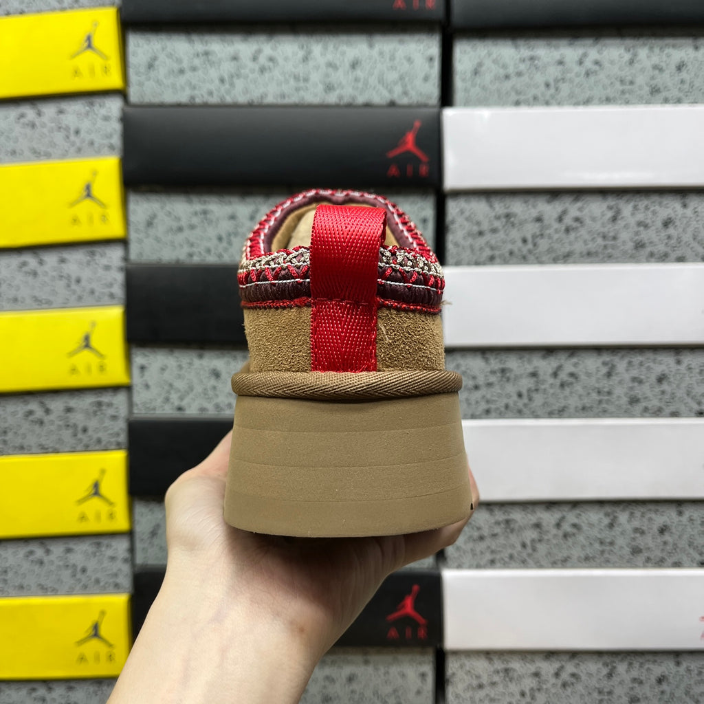 UGG Chestnut Platform Slip-On Shoes with Red Woven Trim