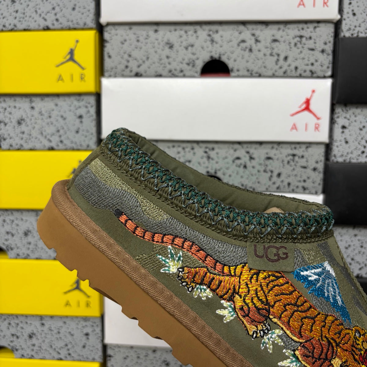 UGG Olive Green Slip-On Shoes with Dragon & Tiger Embroidery