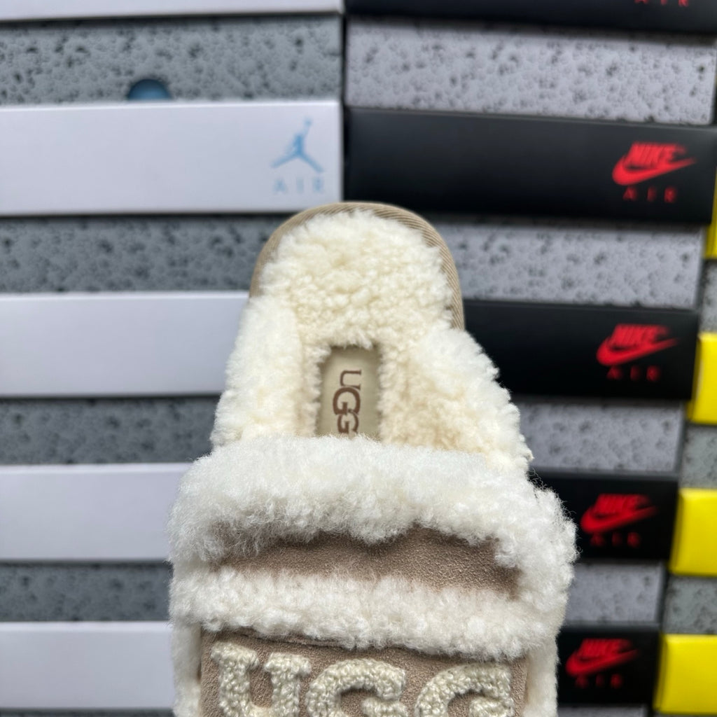 UGG Khaki Slippers with Cream Plush Trim and Embroidered Logo