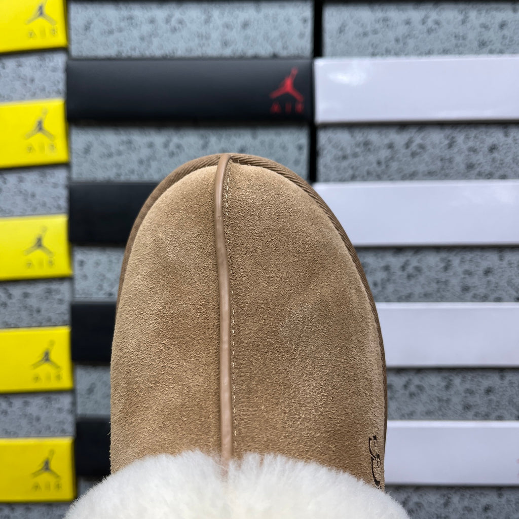 UGG Chestnut Platform Slippers with Cream Plush Collar