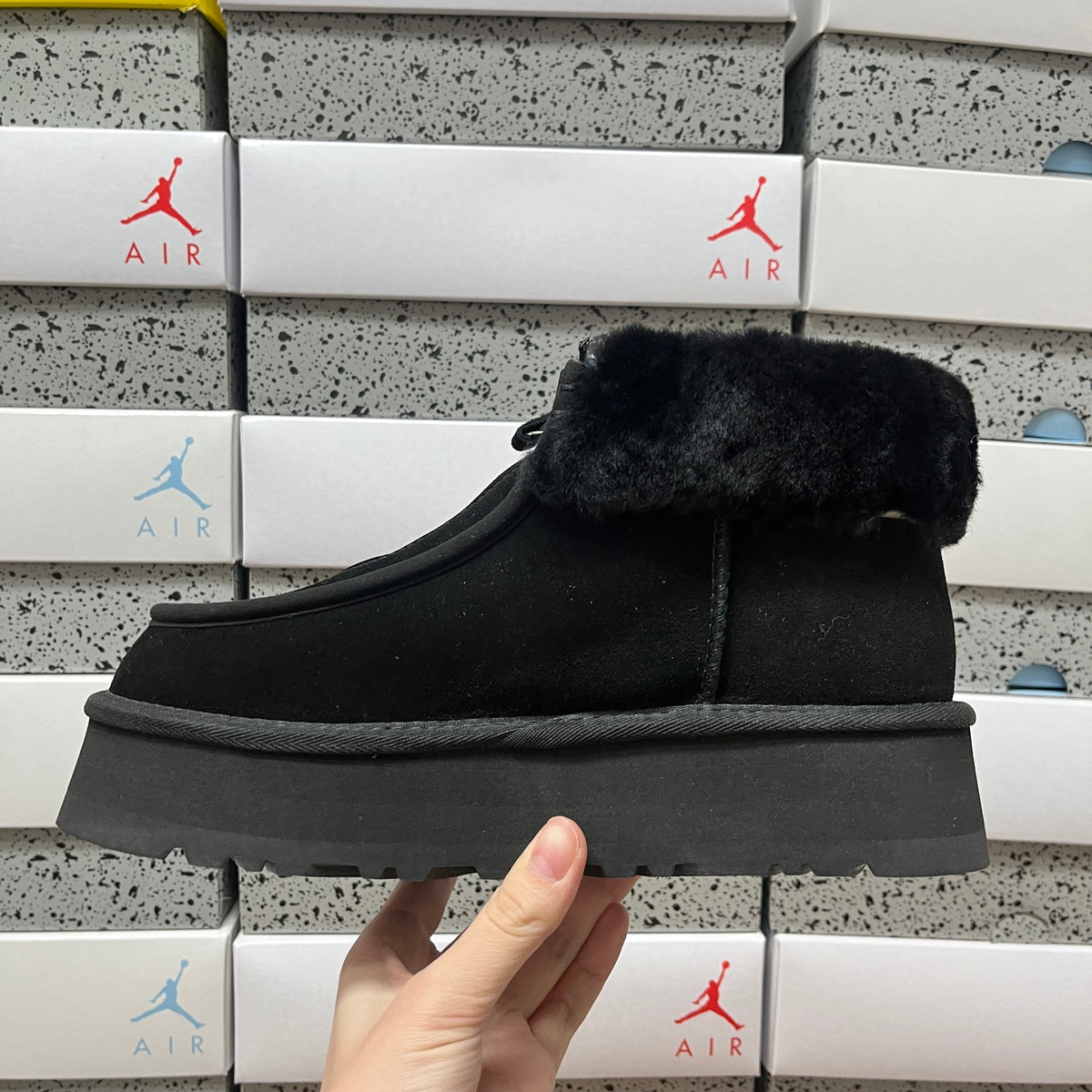UGG Black Platform Ankle Boots with Plush Collar