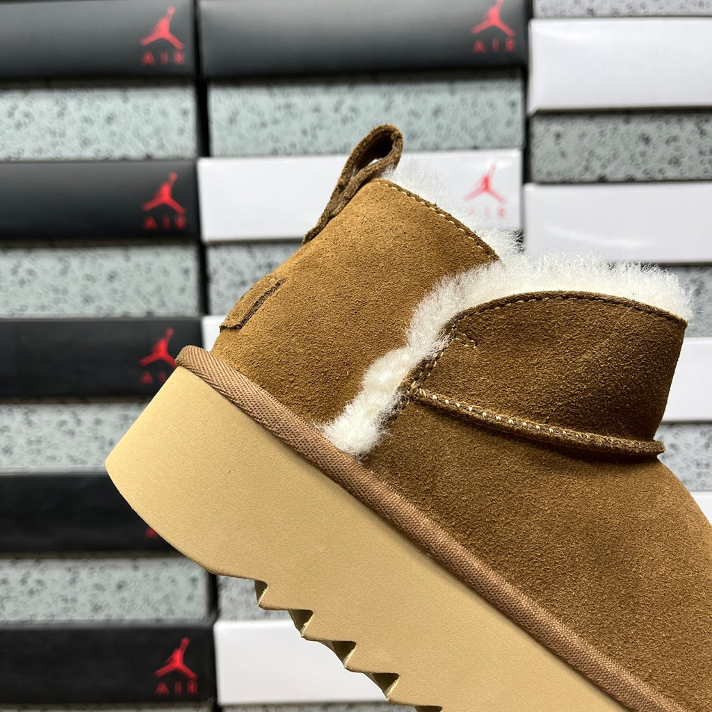 UGG Chestnut Platform Ankle Boots with Cream Plush Trim
