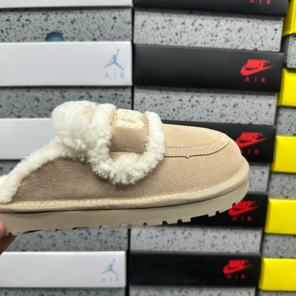 UGG Khaki Slippers with Cream Plush Trim and Embroidered Logo