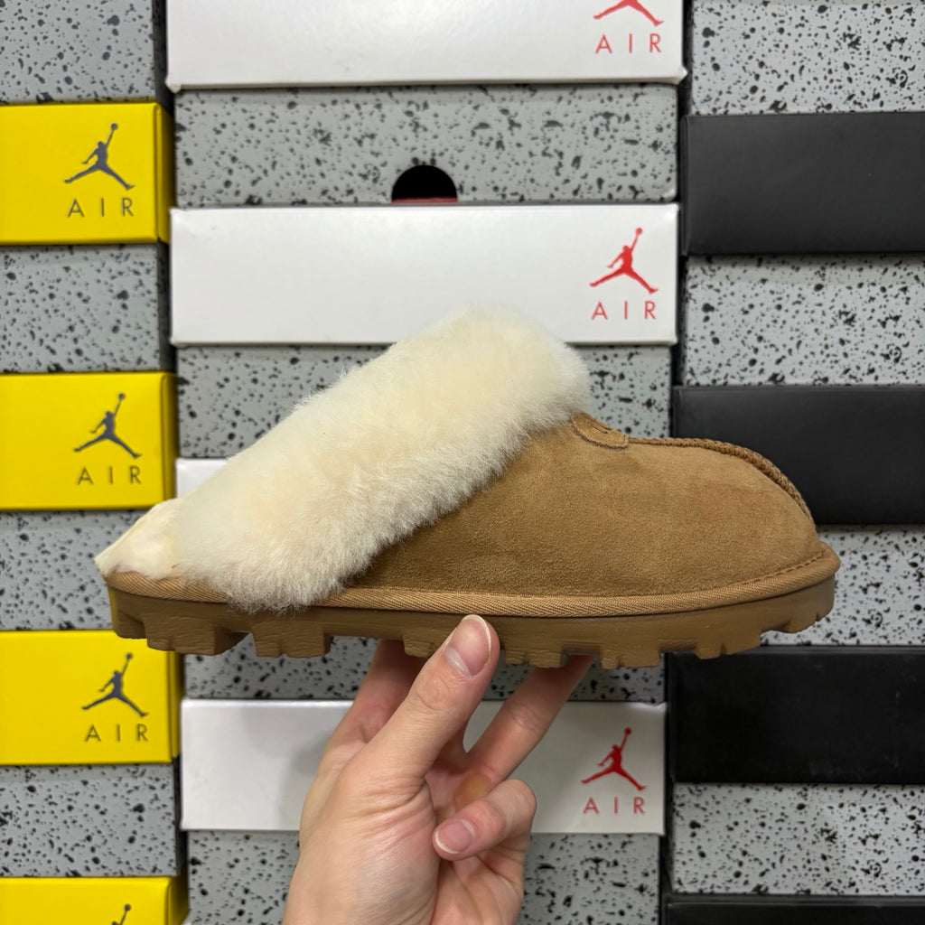 UGG Chestnut Slippers with Cream Plush Collar and Notched Sole
