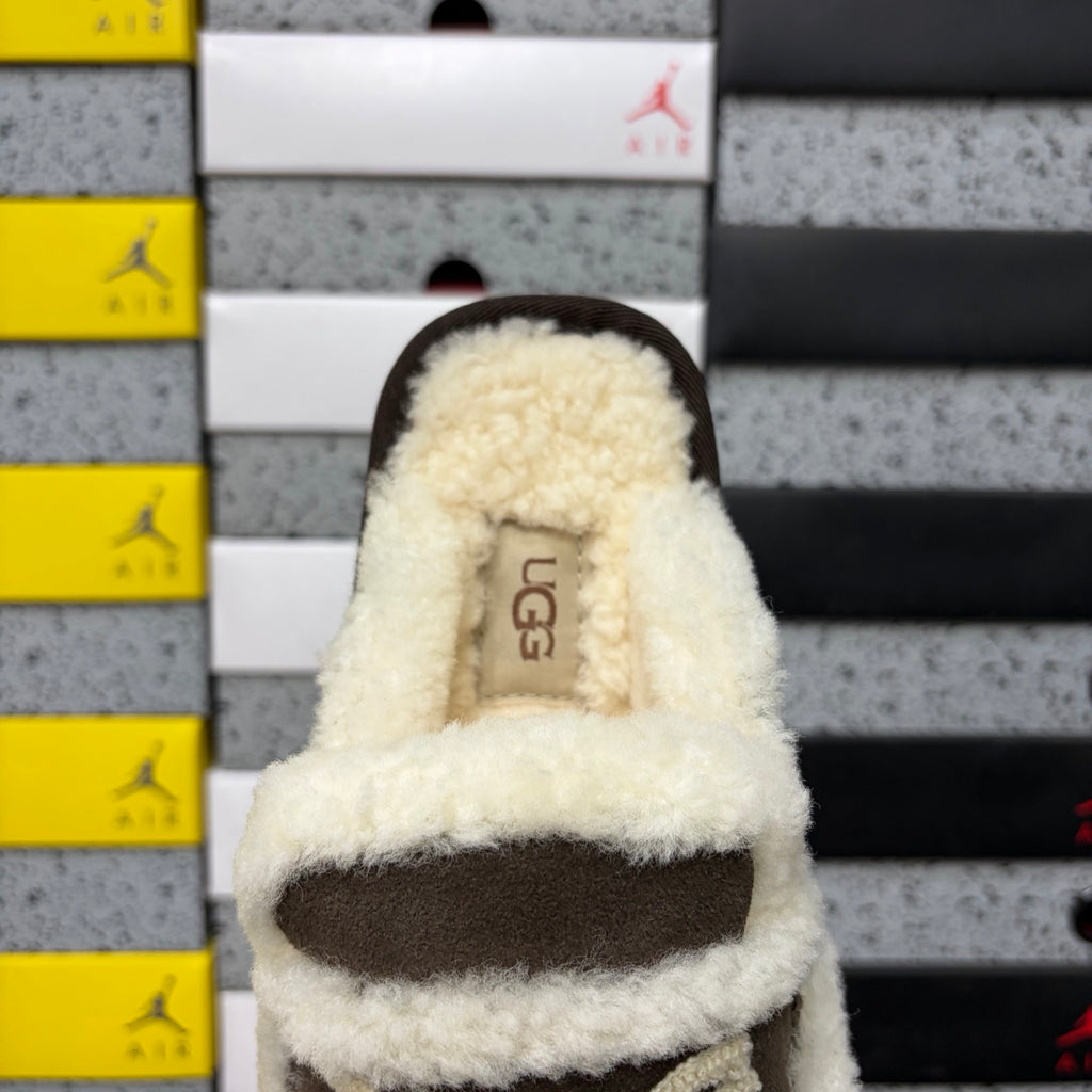 UGG Chocolate Brown Slippers with Cream Plush Trim and Embroidered Logo