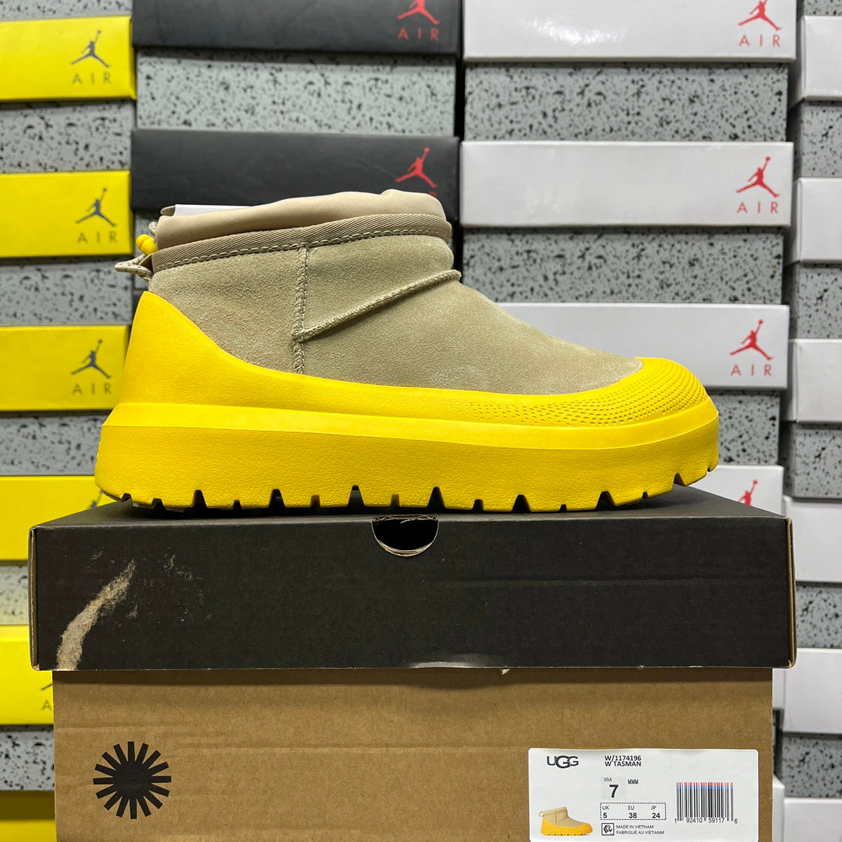 UGG Beige Drawstring Ankle Boots with Yellow Lug Sole