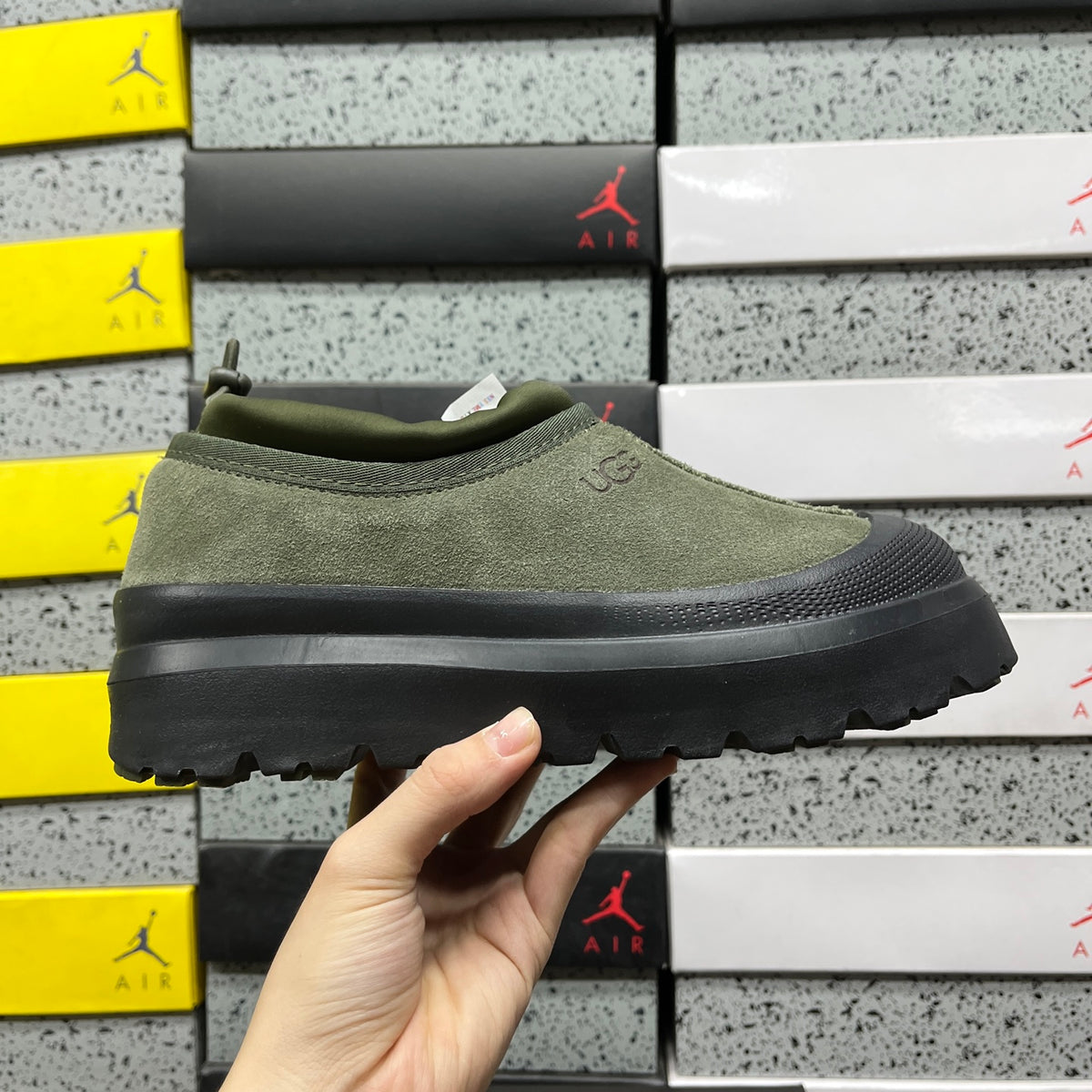 UGG Olive Green Drawstring Slip-On Shoes with Black Chunky Sole