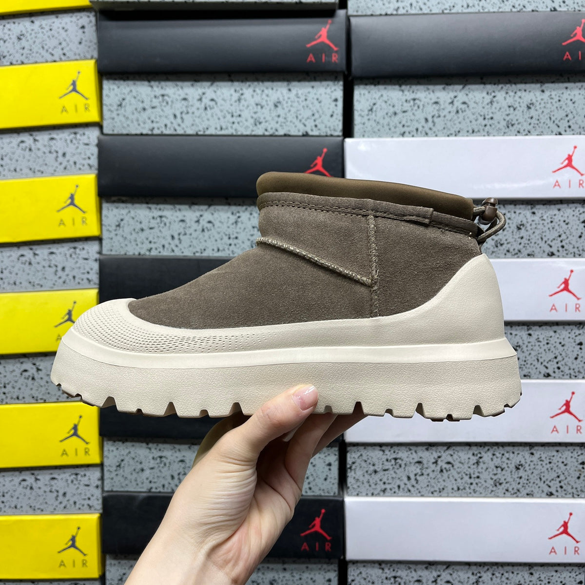 UGG Olive Drawstring Ankle Boots with Cream Lug Sole