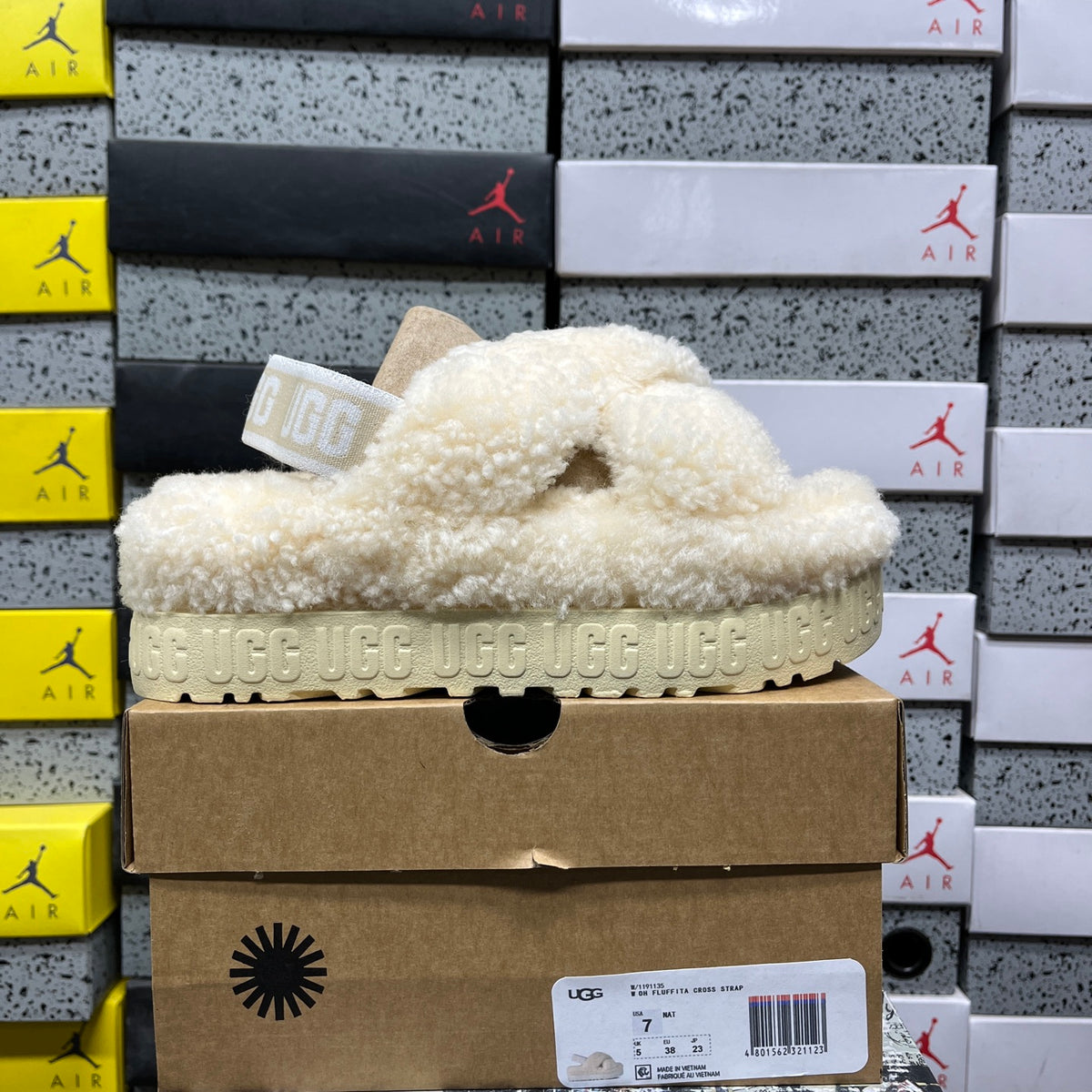 UGG Cream Plush Cross-Strap Platform Sandals with Logo Heel Strap