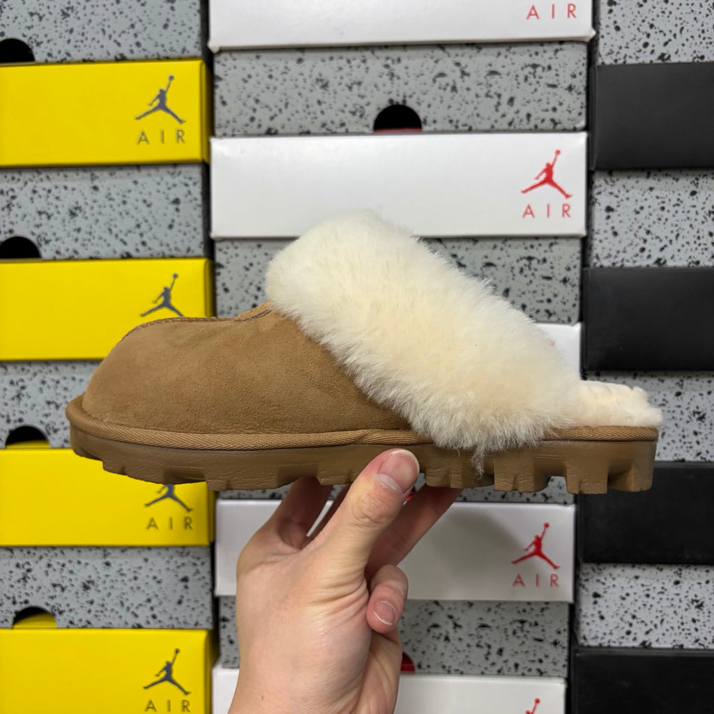 UGG Chestnut Slippers with Cream Plush Collar and Notched Sole
