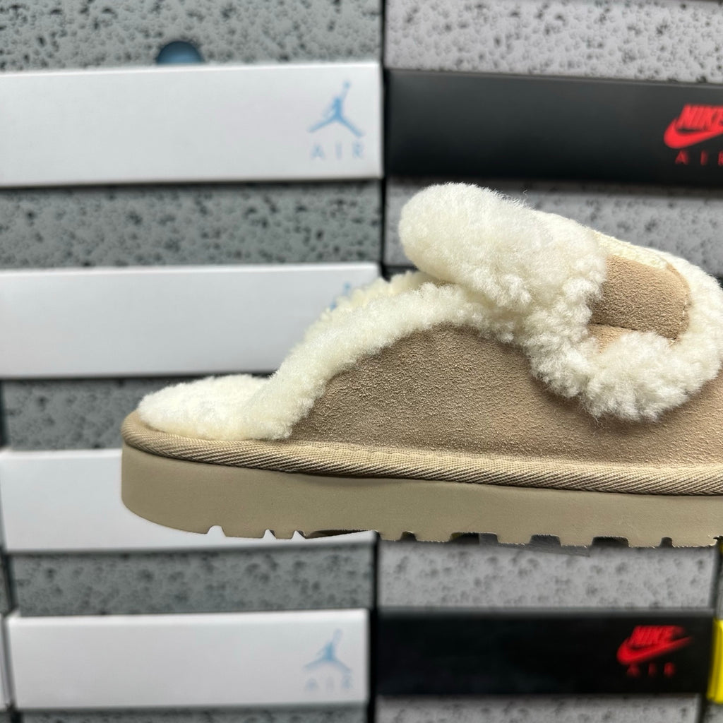 UGG Khaki Slippers with Cream Plush Trim and Embroidered Logo