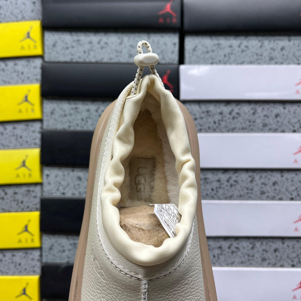 UGG White Leather Drawstring Slip-On Shoes with Tan Chunky Sole