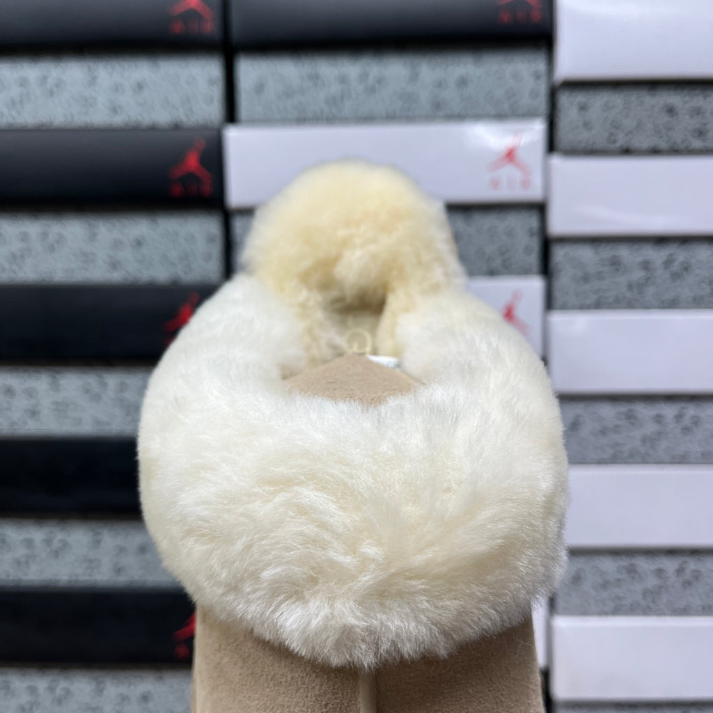 UGG Sand Beige Platform Slippers with Cream Plush Collar