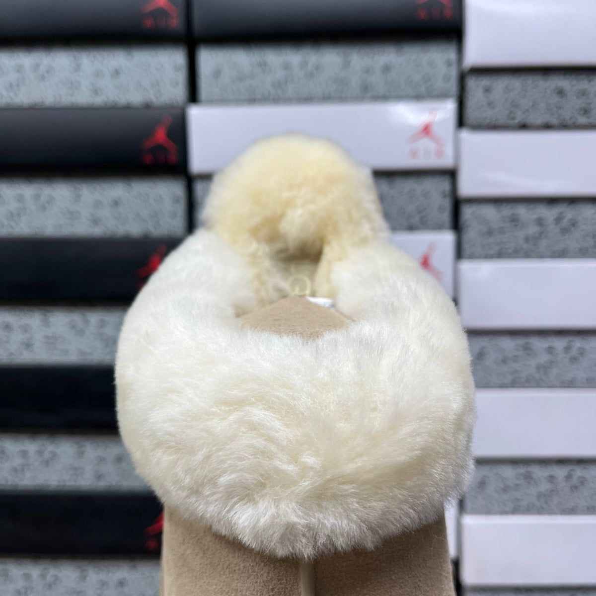 UGG Sand Beige Platform Slippers with Cream Plush Collar