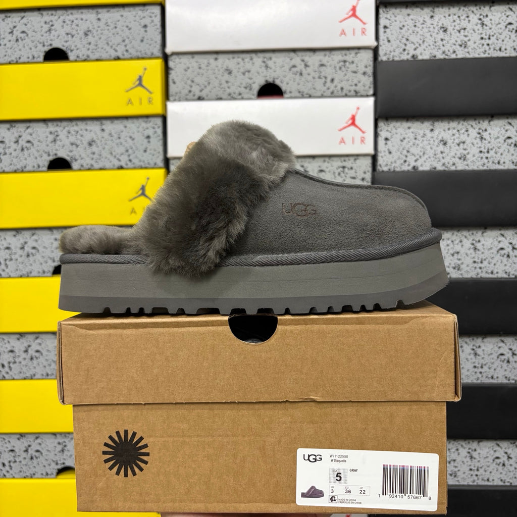 UGG Gray Platform Slippers with Plush Collar