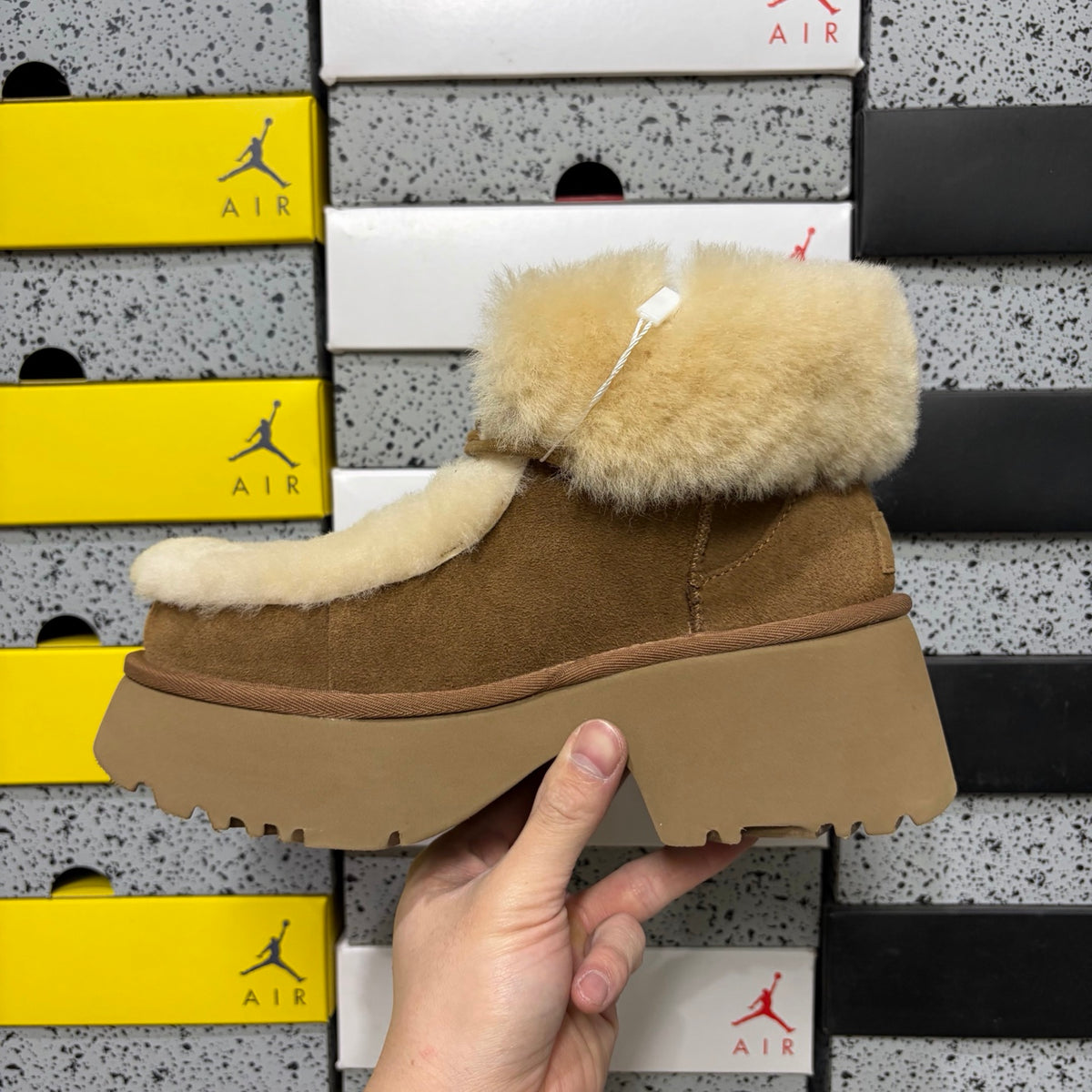UGG Chestnut Platform Ankle Boots with Cream Plush Trim
