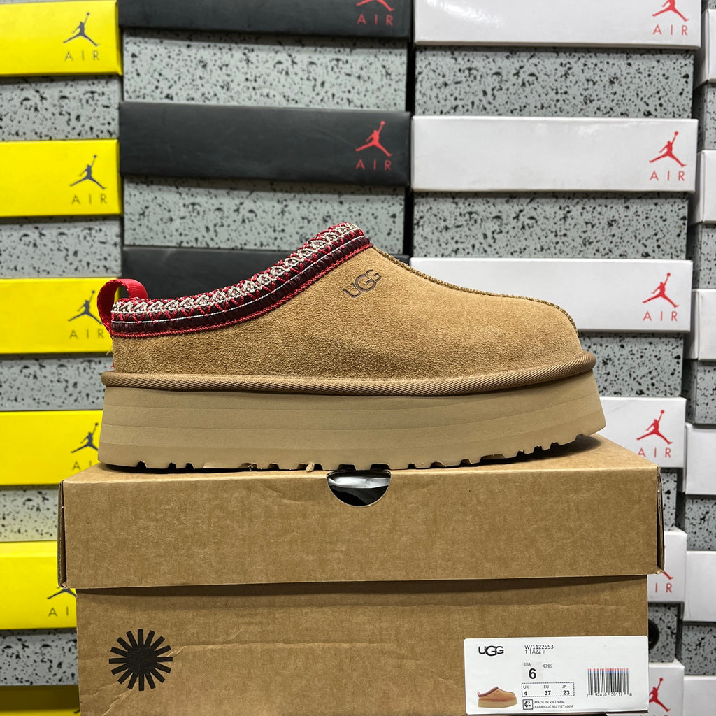 UGG Chestnut Platform Slip-On Shoes with Red Woven Trim