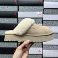 UGG Sand Beige Platform Slippers with Cream Plush Collar