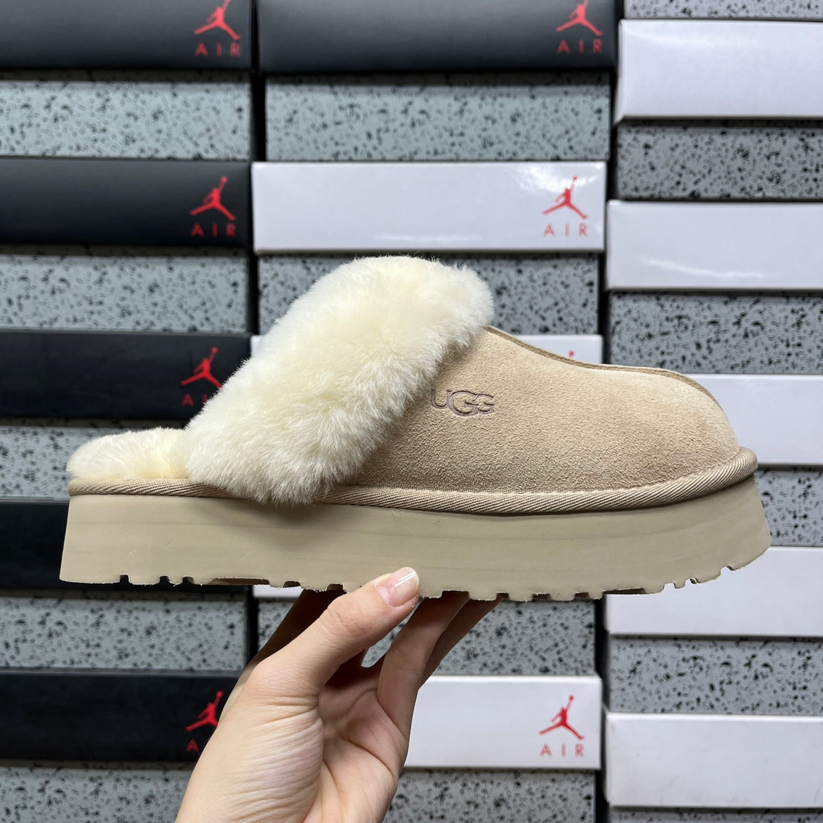 UGG Sand Beige Platform Slippers with Cream Plush Collar