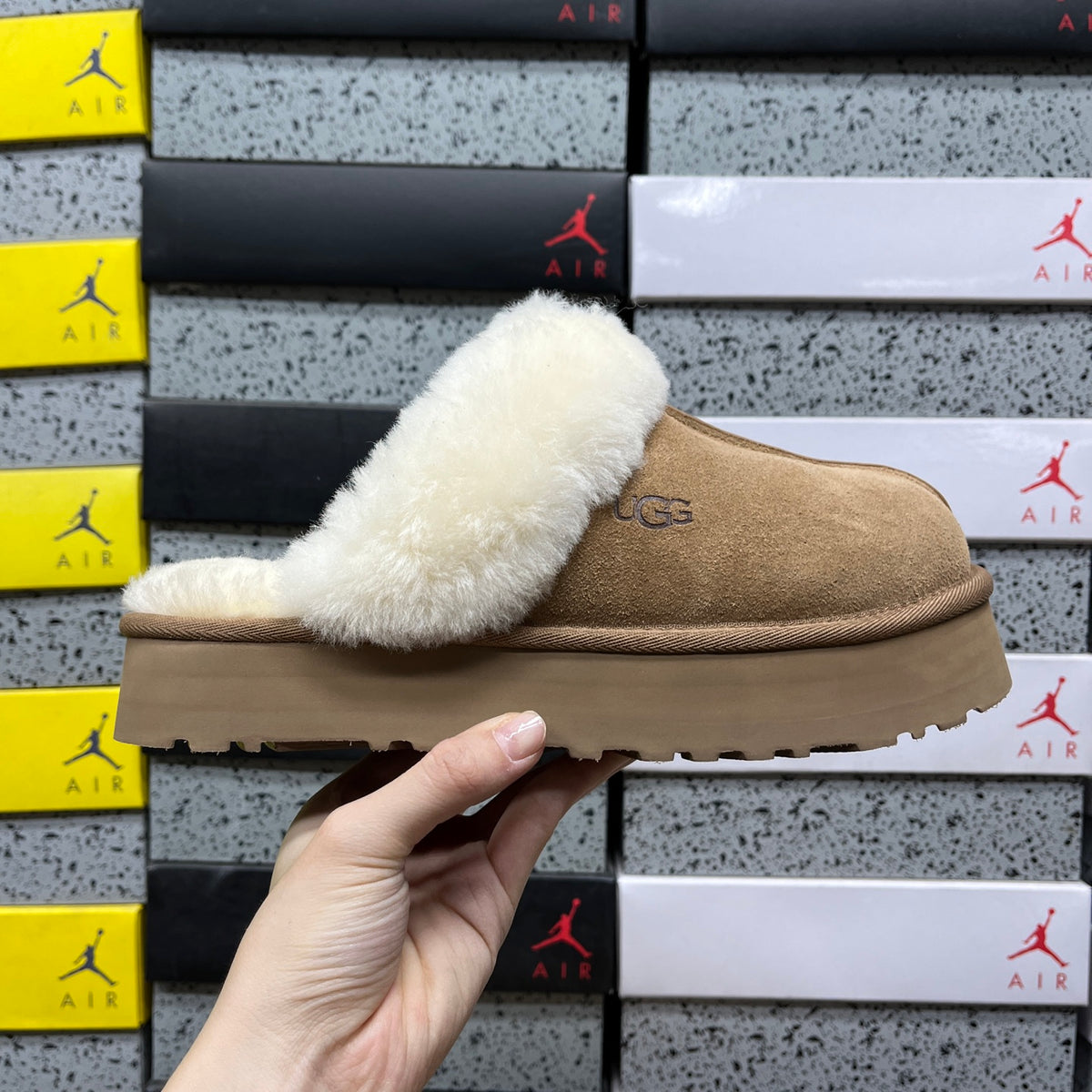 UGG Chestnut Platform Slippers with Cream Plush Collar