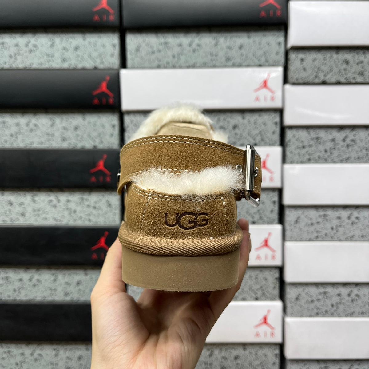 UGG Chestnut Buckle-Strap Clogs with Cream Plush Lining