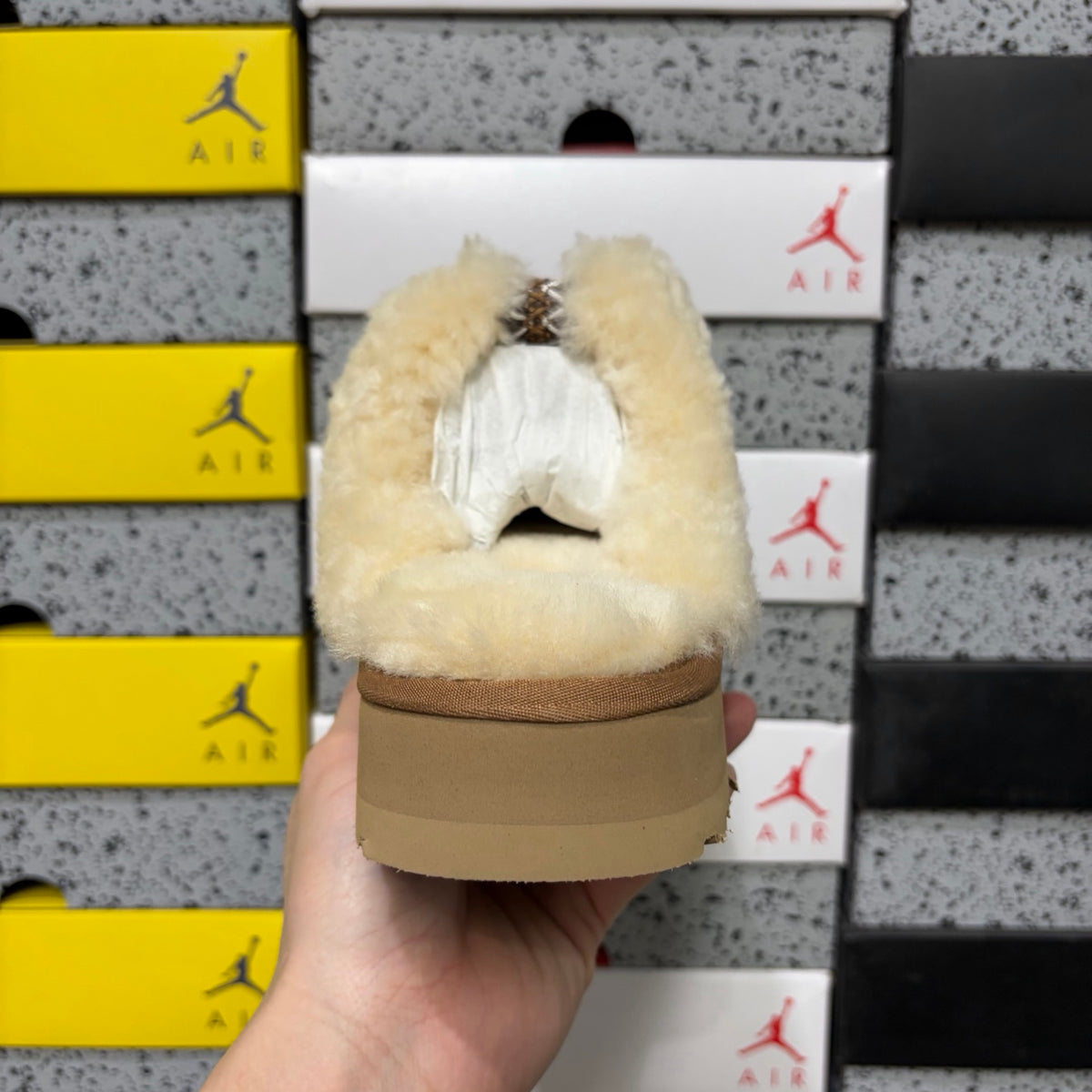 UGG Chestnut Platform Slippers with Cream Plush Collar