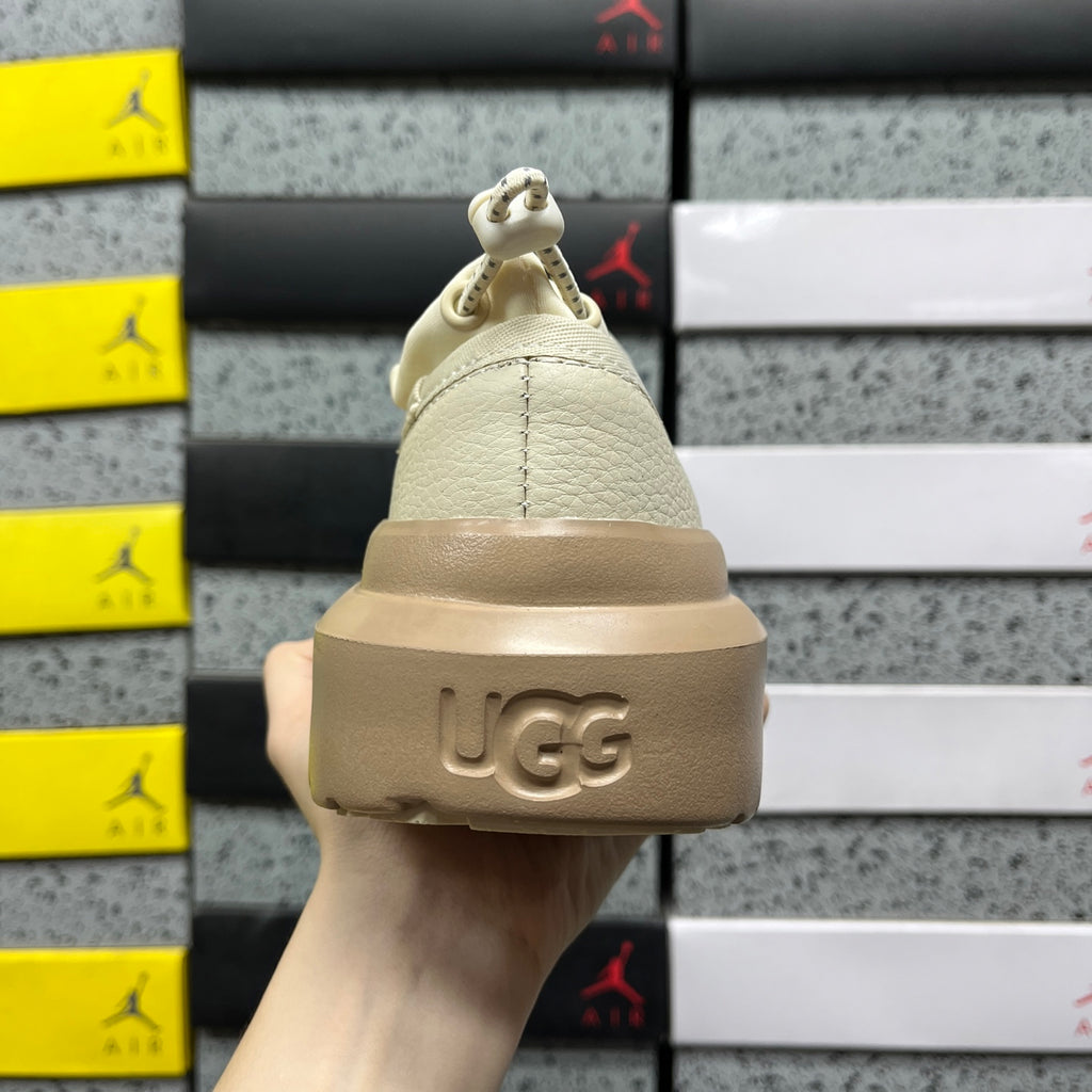 UGG White Leather Drawstring Slip-On Shoes with Tan Chunky Sole