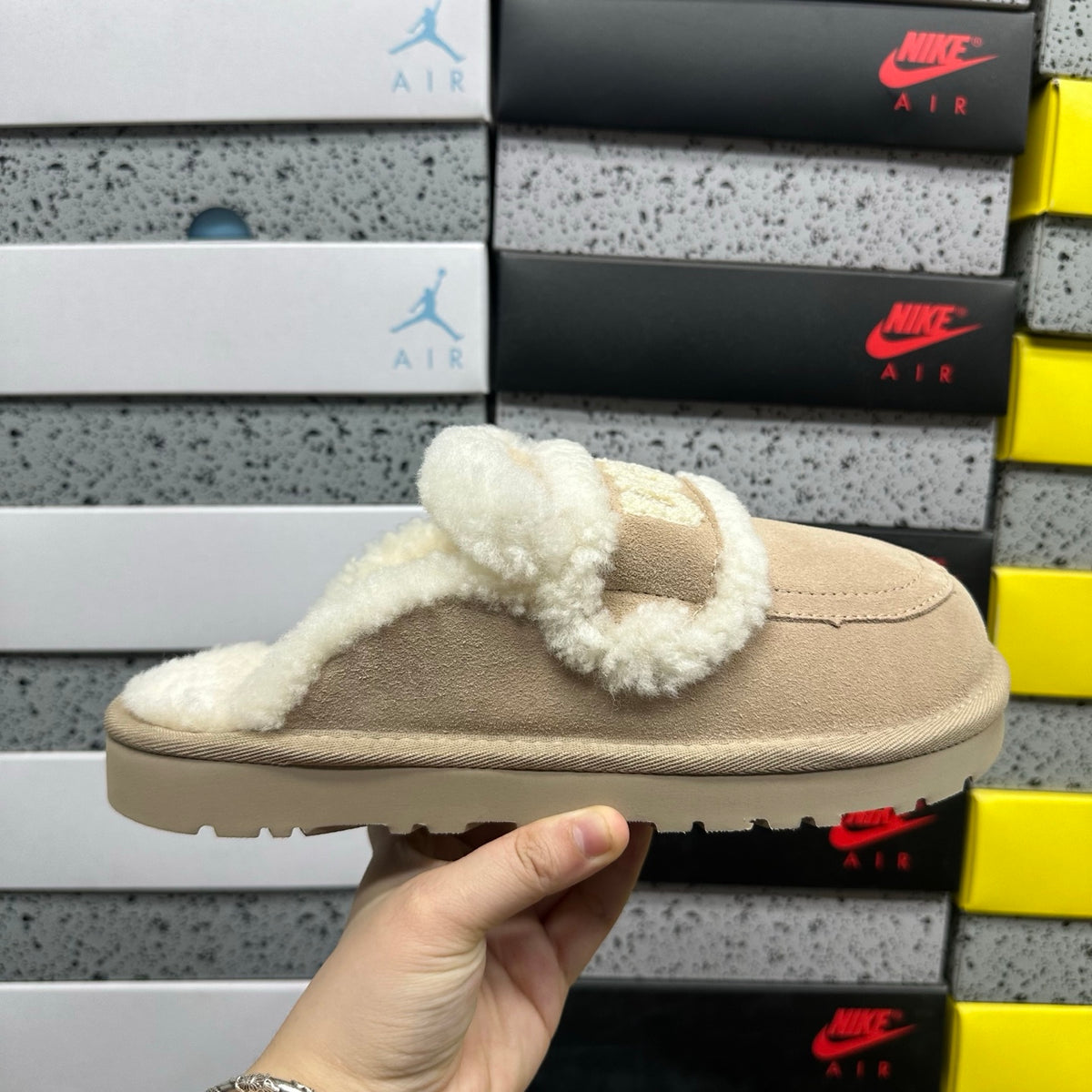 UGG Khaki Slippers with Cream Plush Trim and Embroidered Logo