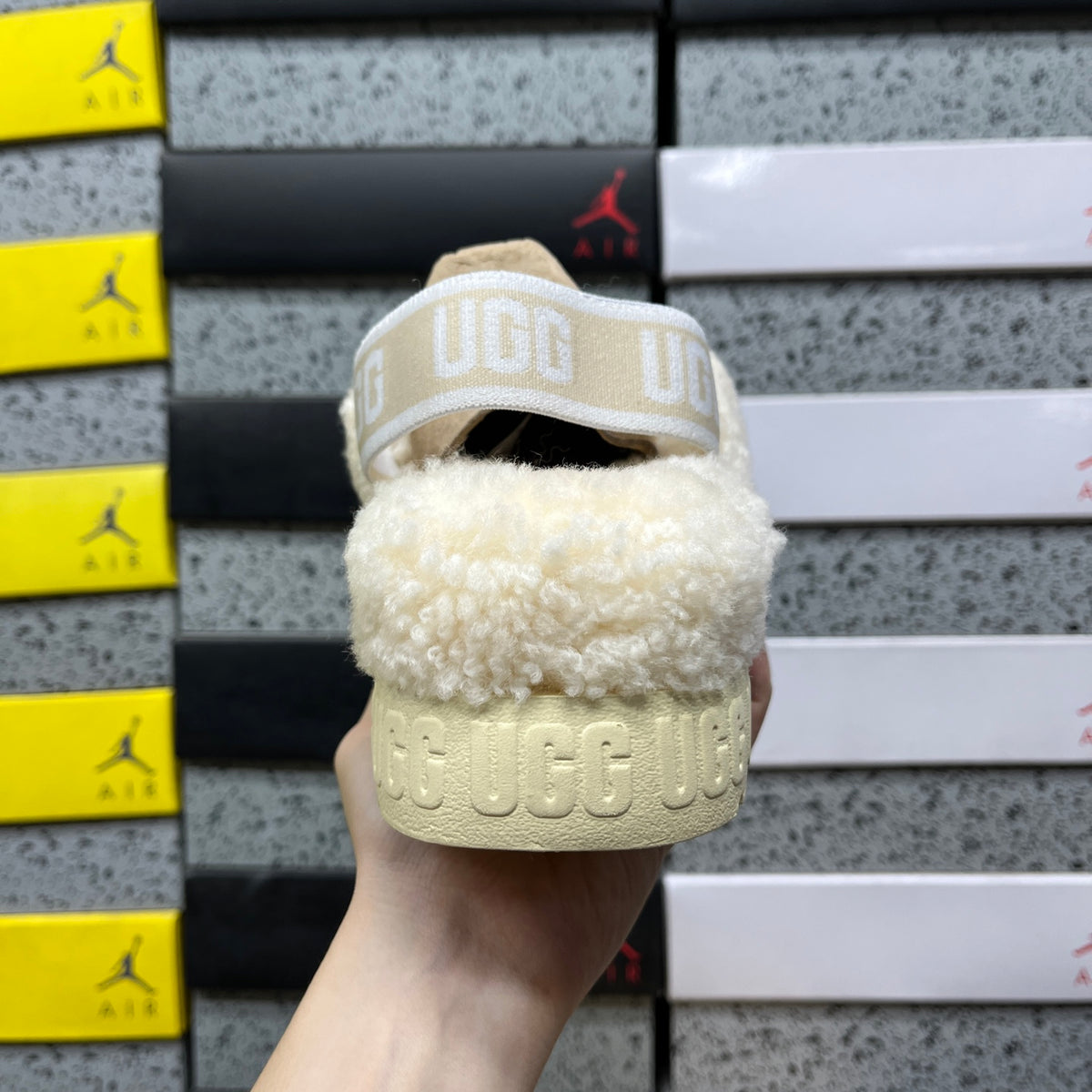 UGG Cream Plush Cross-Strap Platform Sandals with Logo Heel Strap