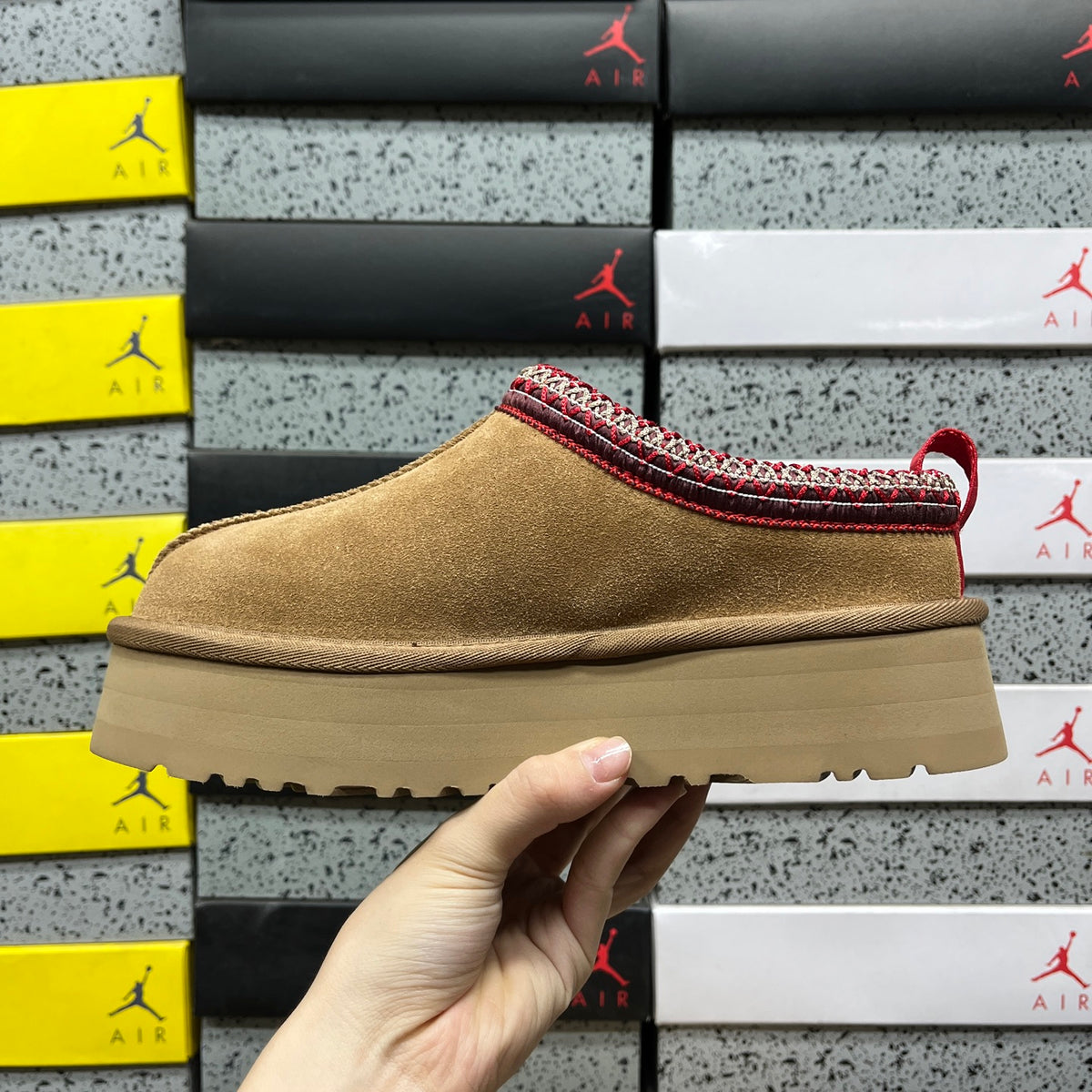 UGG Chestnut Platform Slip-On Shoes with Red Woven Trim