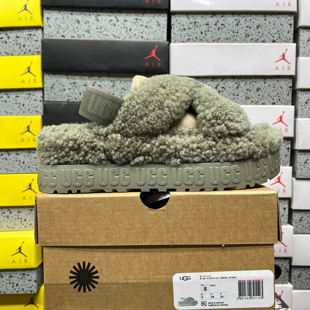 UGG Sage Green Plush Cross-Strap Platform Sandals with Heel Strap
