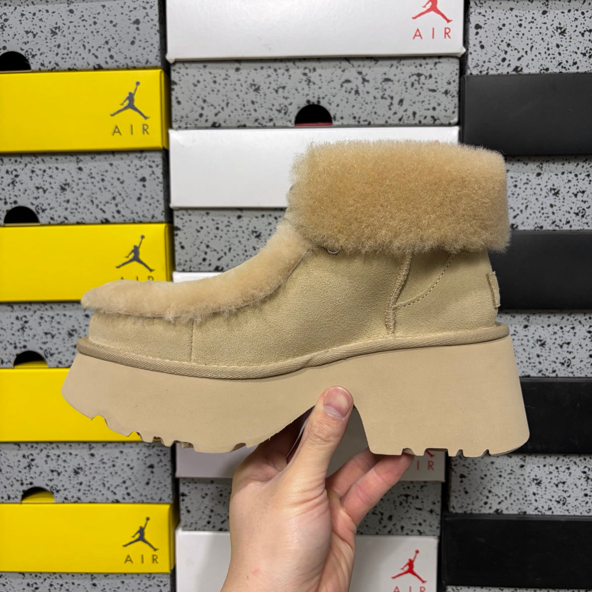 UGG Sand Platform Ankle Boots with Plush Trim