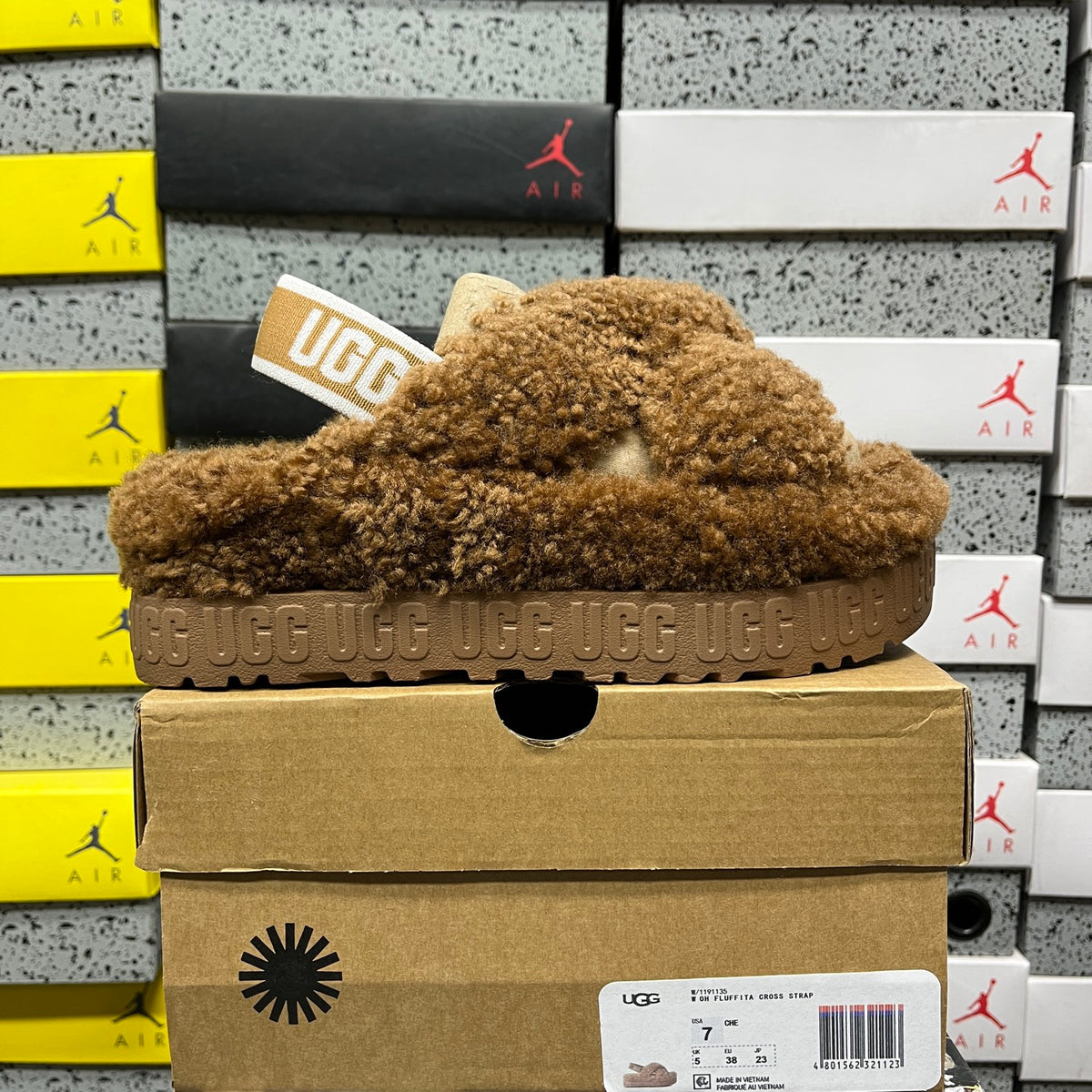 UGG Chestnut Plush Cross-Strap Platform Sandals with Logo Heel Strap