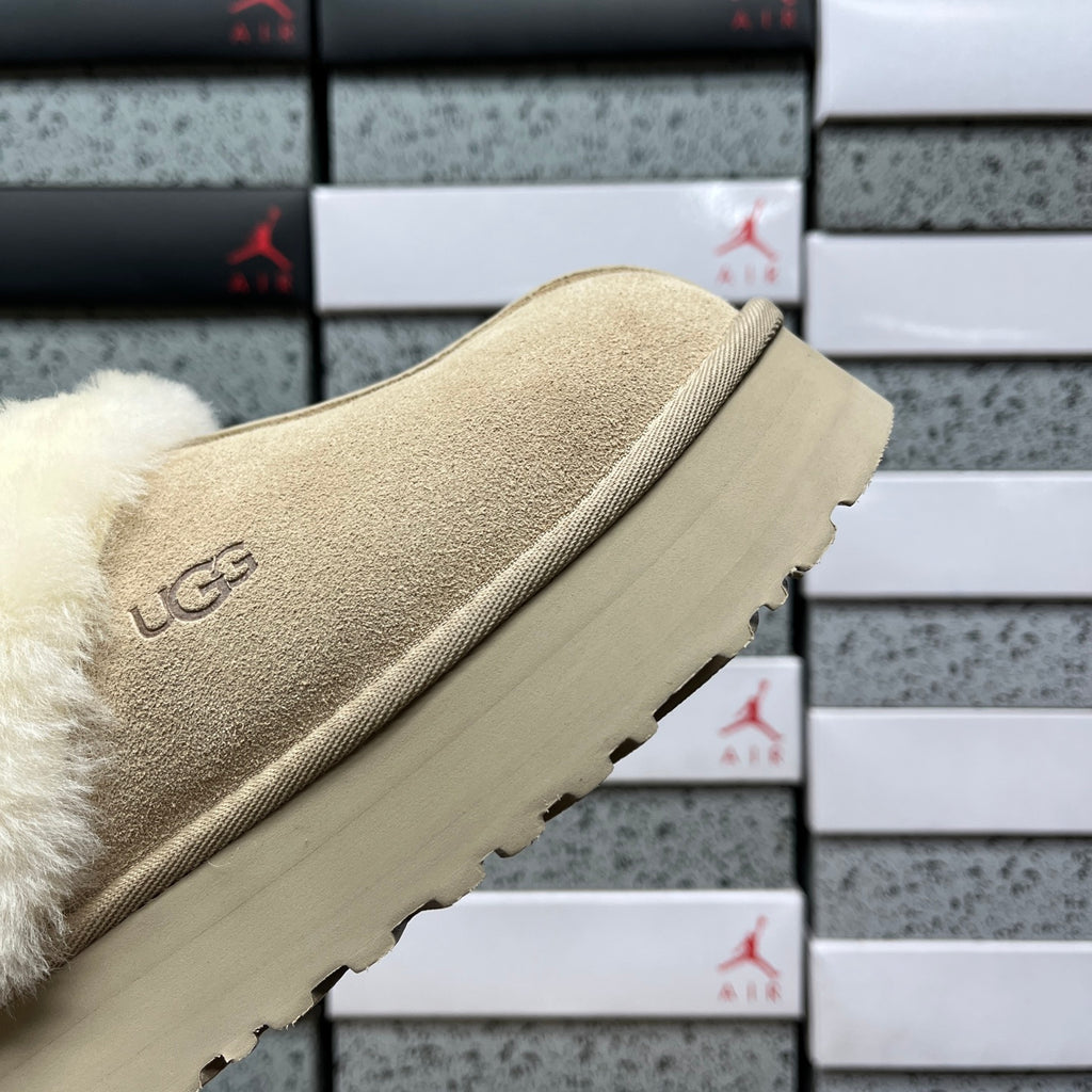 UGG Sand Beige Platform Slippers with Cream Plush Collar
