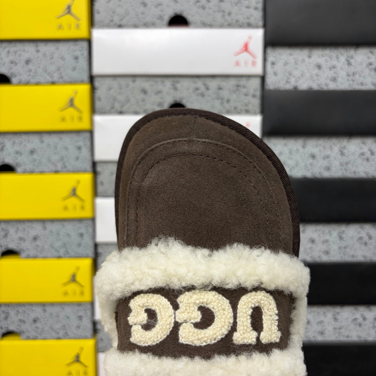 UGG Chocolate Brown Slippers with Cream Plush Trim and Embroidered Logo