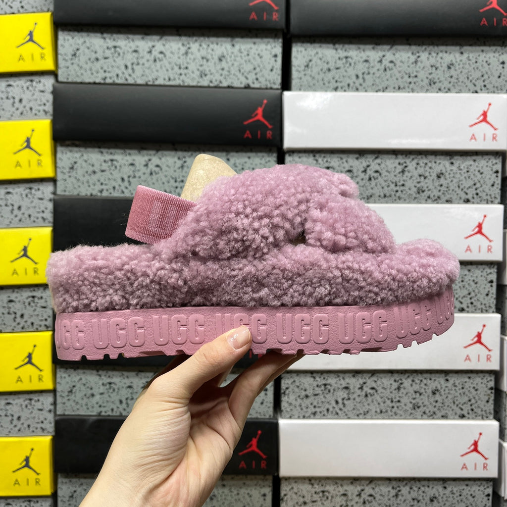 UGG Mauve Plush Cross-Strap Platform Sandals with Heel Strap