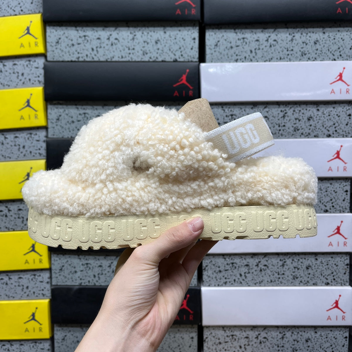 UGG Cream Plush Cross-Strap Platform Sandals with Logo Heel Strap