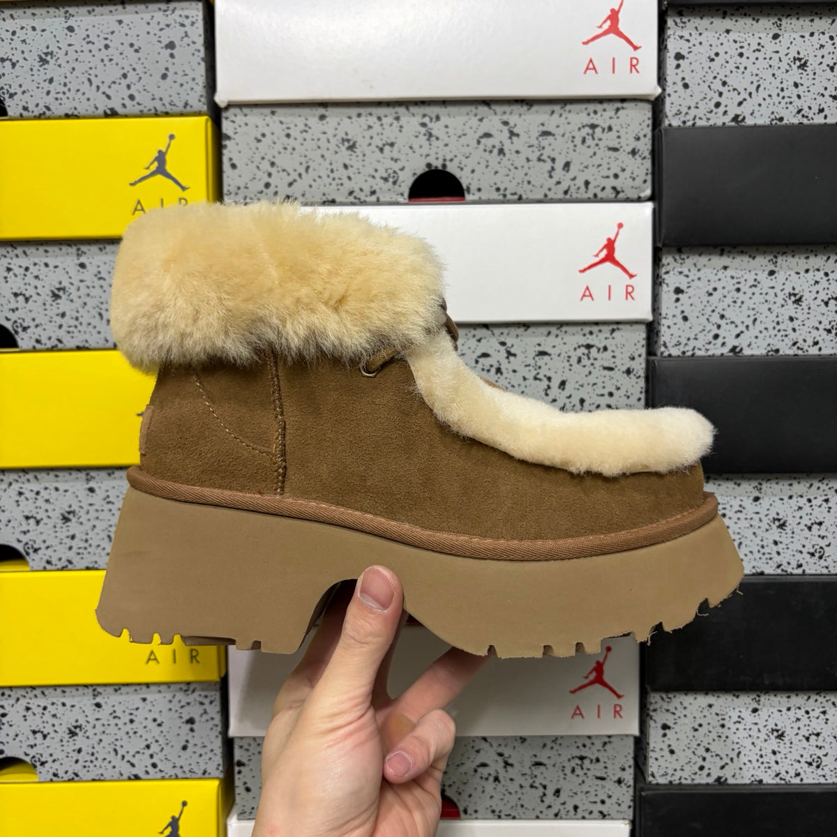 UGG Chestnut Platform Ankle Boots with Cream Plush Trim