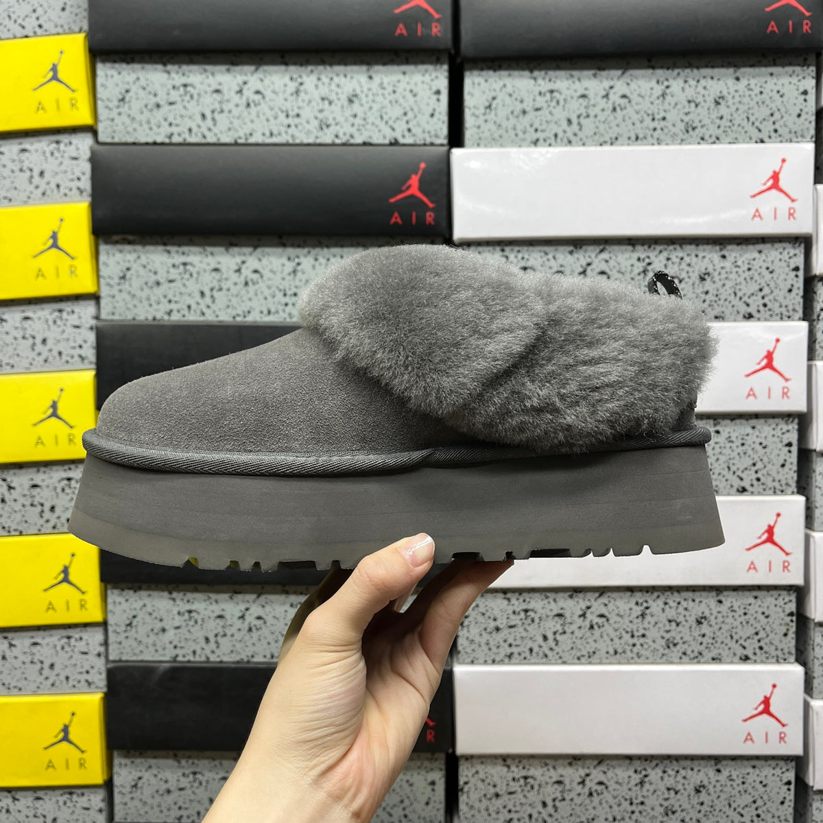 UGG Grey Platform Slip-On Shoes with Plush Foldover Collar