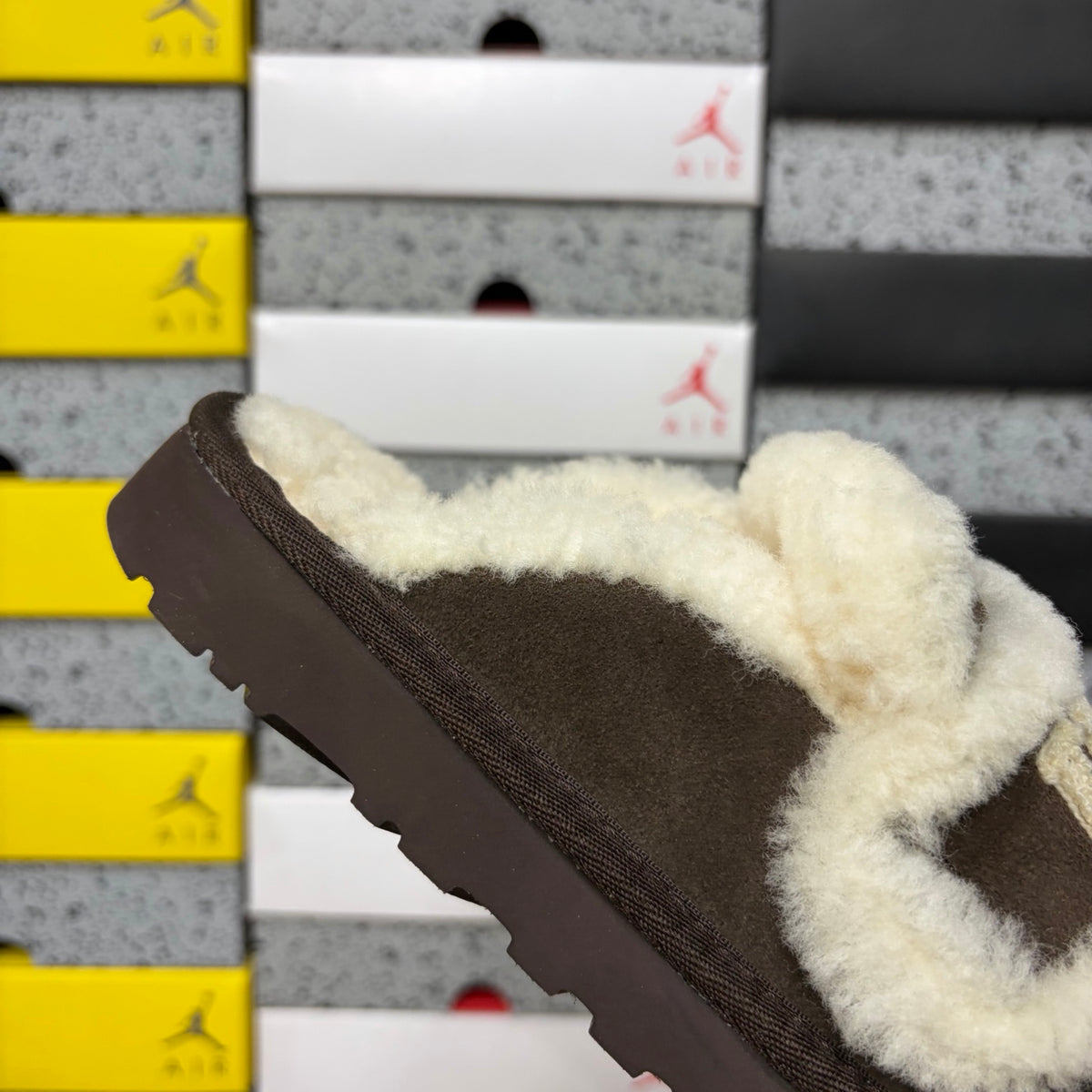 UGG Chocolate Brown Slippers with Cream Plush Trim and Embroidered Logo