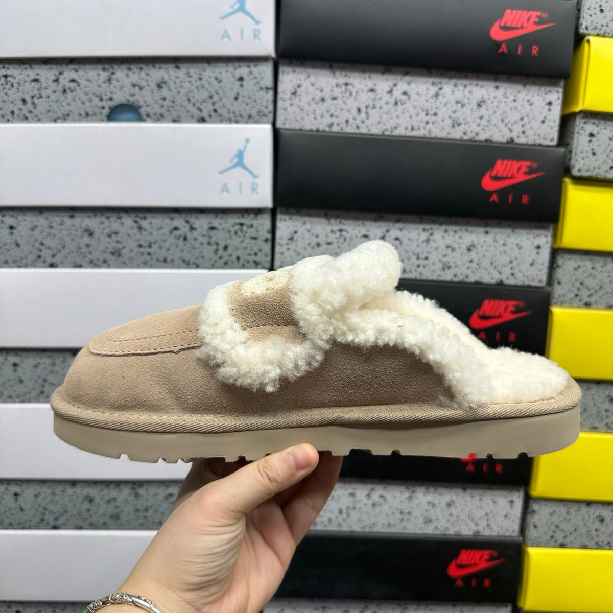 UGG Khaki Slippers with Cream Plush Trim and Embroidered Logo