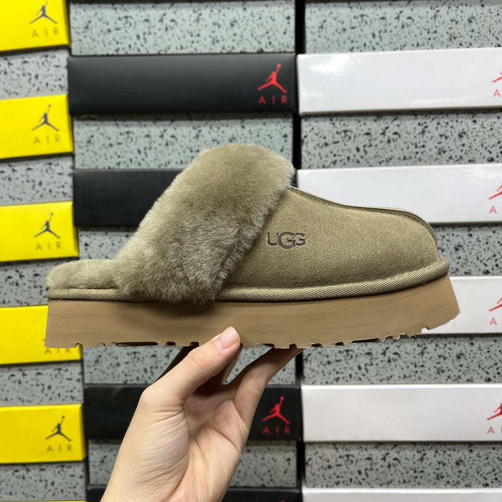 UGG Antelope Brown Platform Slippers with Plush Collar