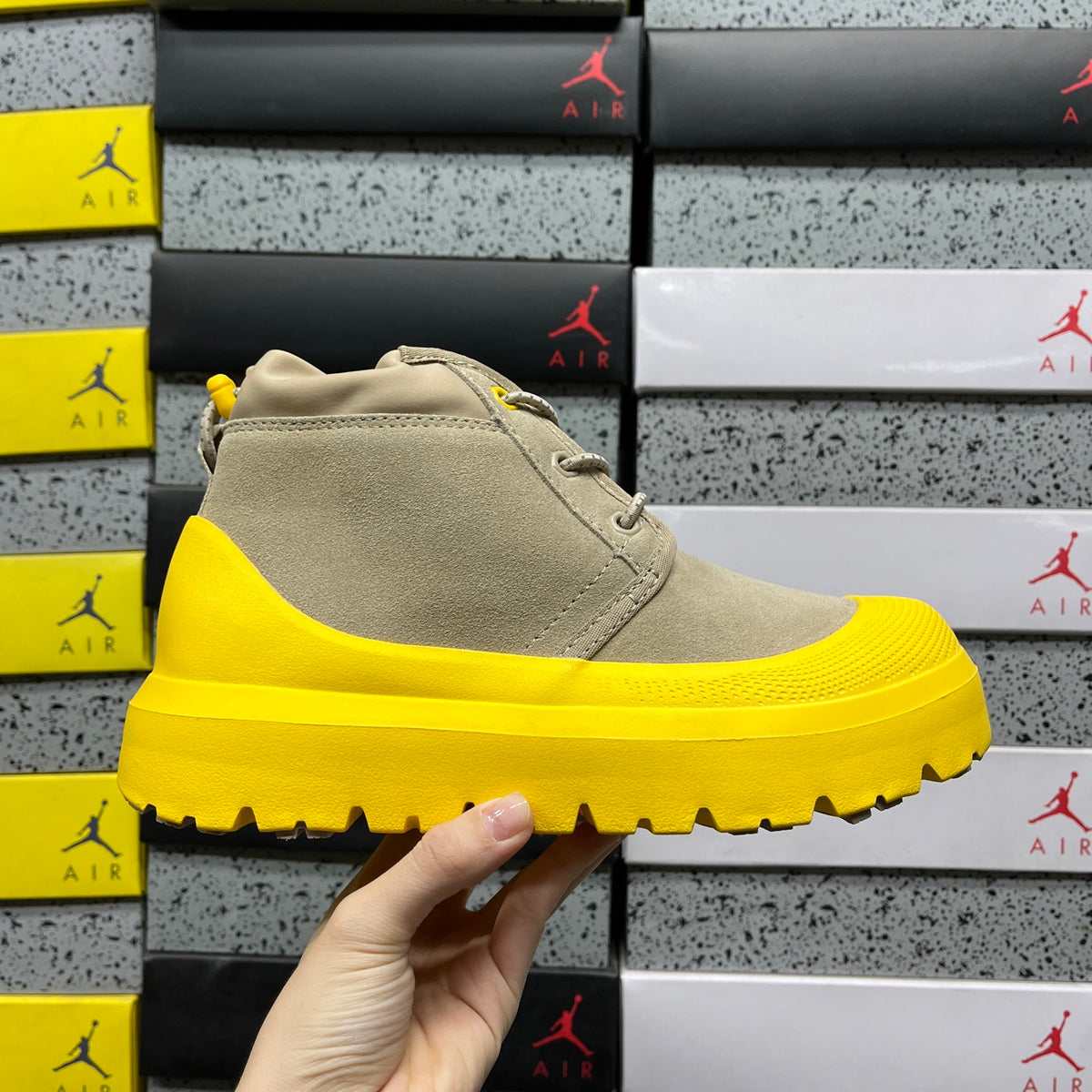 UGG Beige Lace-Up Ankle Boots with Yellow Lug Sole