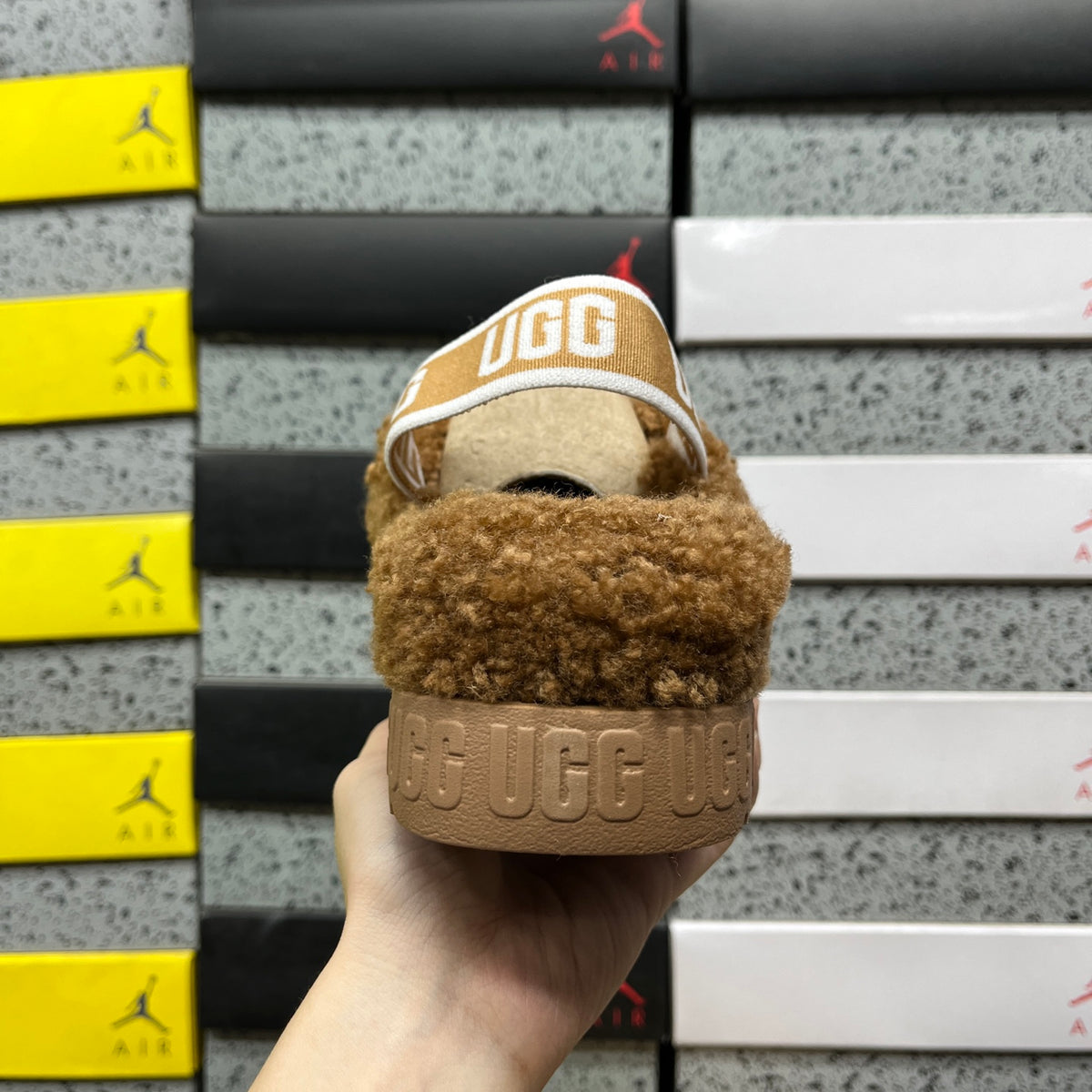 UGG Chestnut Plush Cross-Strap Platform Sandals with Logo Heel Strap