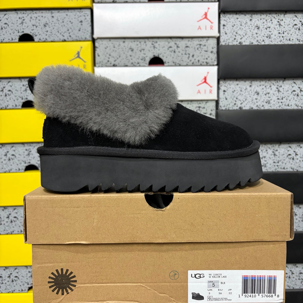 UGG Black Platform Slip-On Shoes with Grey Plush Collar