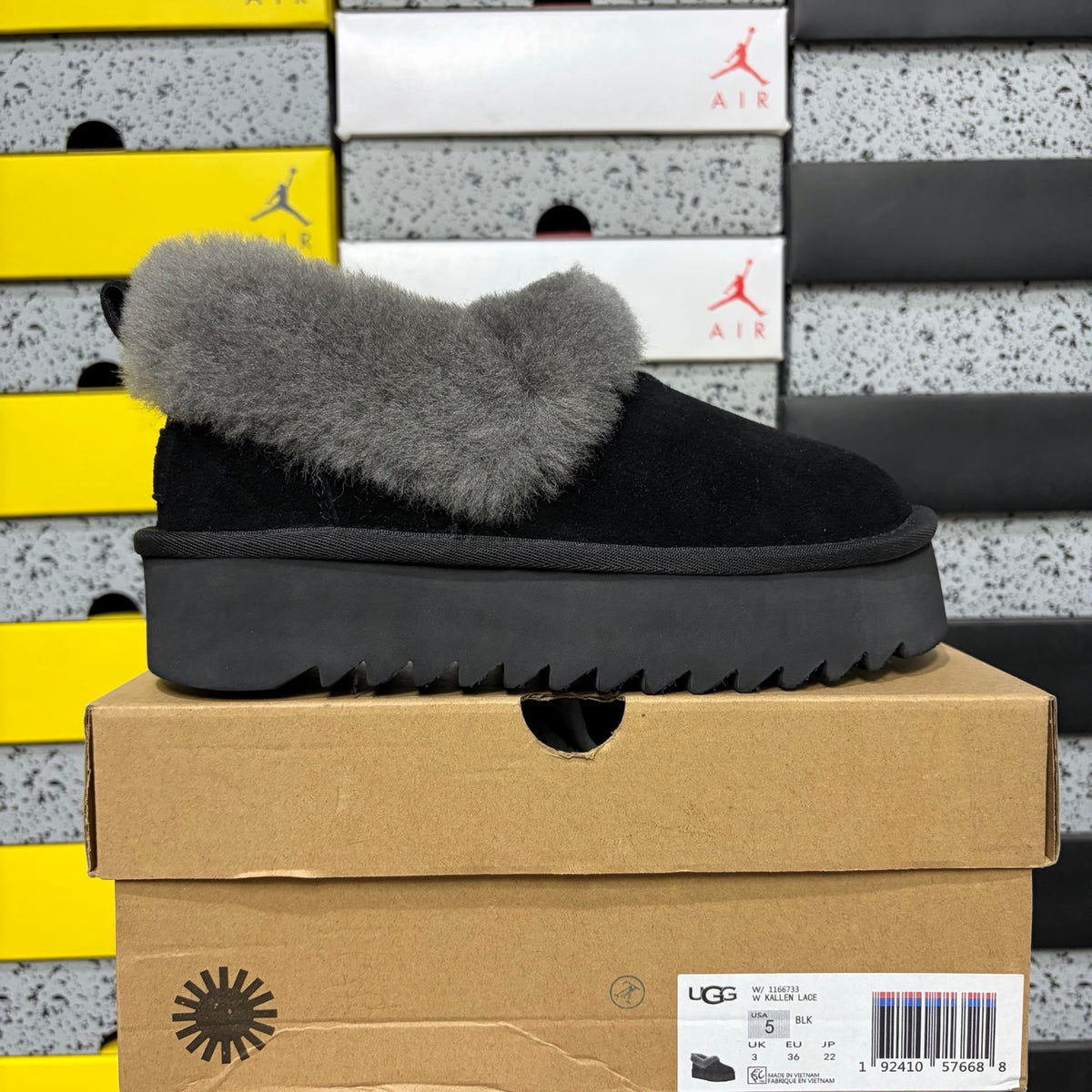 UGG Black Platform Slip-On Shoes with Grey Plush Collar