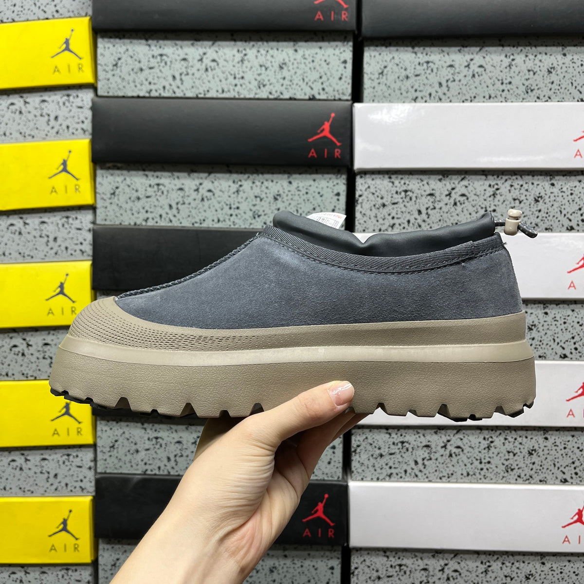 UGG Asphalt Grey Drawstring Slip-On Shoes with Taupe Chunky Sole